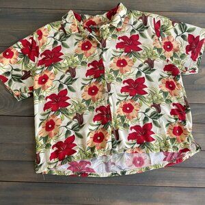 Palm Grove White Floral Hawaiian Button Front Shirt Womens Petite Large (C8)